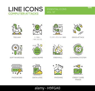 Computer Attacks - modern vector line design icons and pictograms set. Trojan, e-mail malware, worm, ddos, software bug, logic bomb, firewall, scannin Stock Vector