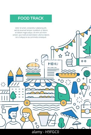 Food Track - vector line design brochure poster, flyer presentation template, A4 size layout. Fast food symbols Stock Vector