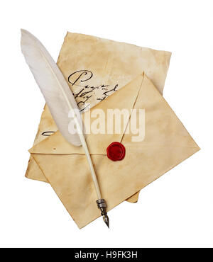 Old letter with vintage handwriting, envelope and feather pen isolated on white background Stock Photo