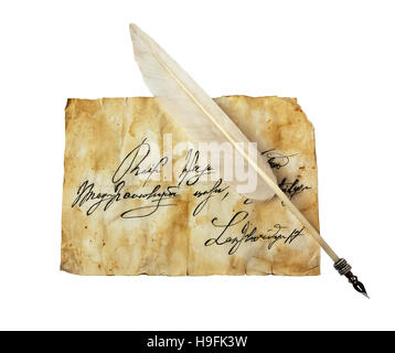 Old letter with vintage handwriting and feather pen isolated on white background Stock Photo