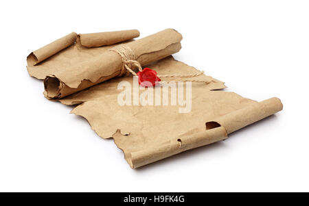 Ancient parchment scrolls with seal wax isolated on white background Stock Photo