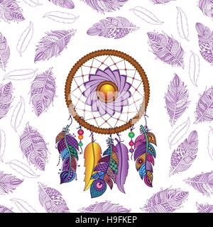 Hand drawn Native American Indian talisman colored dreamcatcher with feathers and moon. Vector hipster seamless pattern. Isolated on white background. Stock Vector
