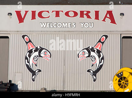 The welcome sign to Victoria town in port (British Columbia). Stock Photo