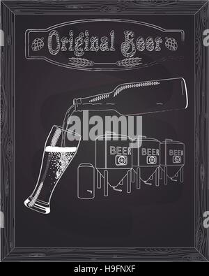 It poured into a glass of beer with bottle against the background of the brewery drawn in chalk Stock Vector