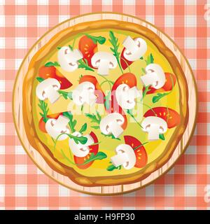 Pizza italian mushroom champignon cheese mozzarella fresh tomato tasty arugula rocket rucola wooden cutting board. Vector beautiful sign menu top view Stock Vector