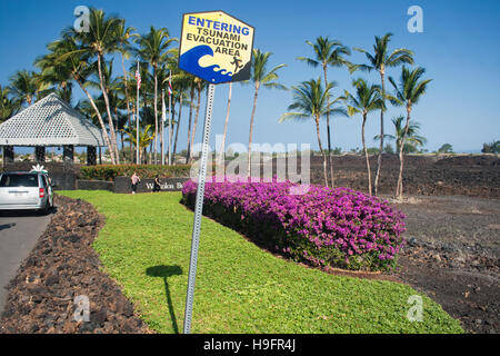 sign showing this is an tsunami evacuation area in Big Island Hawaii Stock Photo