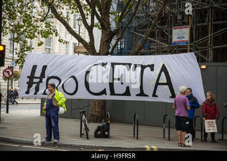 London, UK. 17th September, 2016. An anti-CETA banner close to Trafalgar Square in London. Stock Photo