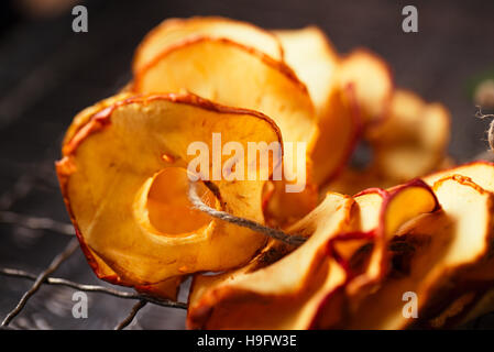 Dried apple slices hanging on string with dark metal backdrop Stock Photo