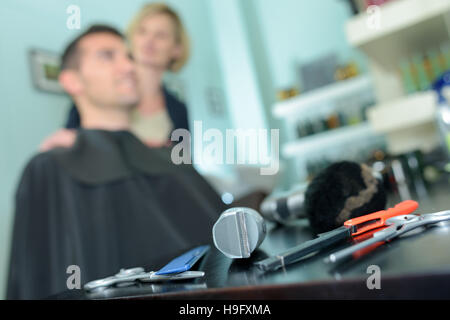 professional hairdresser tools on table Stock Photo