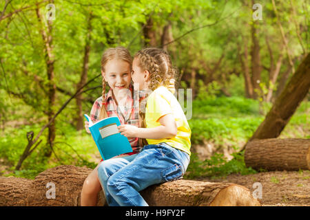 Two friends whispering secrets sitting at park Stock Photo