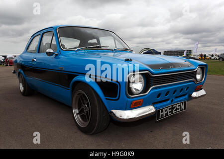 Three-quarter view of a 1975 Ford Escort RS2000 Mk1, in the RS owners club zone of the 2016 Silverstone Classic Stock Photo