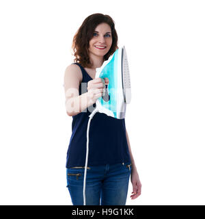 Young woman in dark T-shirt and green rubber gloves over white isolated background Stock Photo