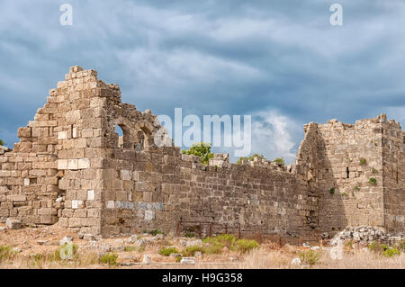 Part of the ancient city wall ruins that surround the town of Side in Turkey. Stock Photo