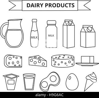 Dairy products icon set. Modern, line, outline style. Milk  isolated on white background.  and Cheese collection. Farm foods. Vector illustration Stock Vector