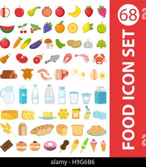 Big set icons food, flat style. Fruits, vegetables, meat, fish, bread, milk, sweets.   isolated on white background. Ingredients collection. Vector illustration Stock Vector