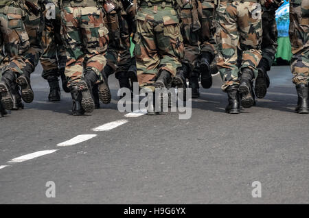 Calcutta, India - January 24, 2016: A team of military are walking with assault rifle. Indian Army are practicing parade for rep Stock Photo