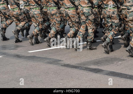 Calcutta, India - January 24, 2016: A team of military are walking with assault rifle. Indian Army are practicing parade for rep Stock Photo