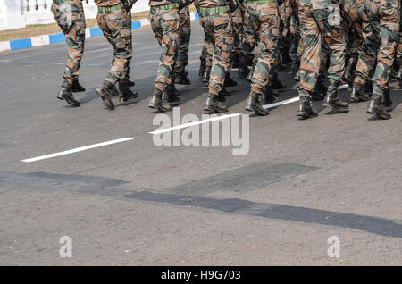 Calcutta, India - January 24, 2016: A team of military are walking with assault rifle. Indian Army are practicing parade for rep Stock Photo