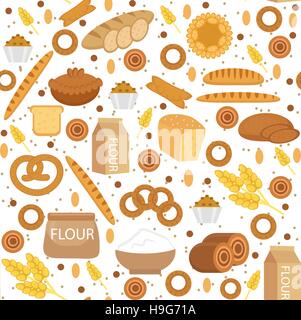 Bakery seamless pattern. Flat style. Bread and buns texture. Flour products endless background.   pastry backdrop. Vector illyustration Stock Vector