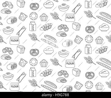 Bakery seamless pattern. Line, outline, doodle style. Bread and buns texture. Flour products endless background.   pastry backdrop. Vector illustration Stock Vector