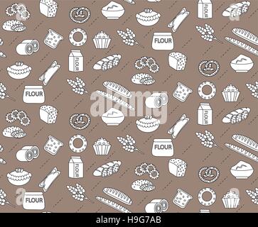 Bakery seamless pattern. Line, outline, doodle style. Bread and buns texture. Flour products endless background.   pastry backdrop. Vector illustration Stock Vector