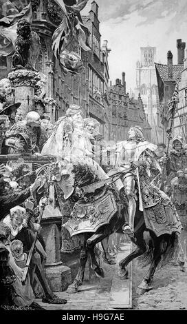 Maximilian I., 22 March 1459 - 12 January 1519, was King of the Romans, also known as King of the Germans, from 1486 and Holy Roman Emperor from 1493, here he returns to Gent Stock Photo