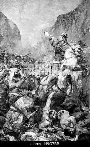 The Battle of Roncevaux Pas, Roncesvalle in 778 saw a large force of Basques ambush a part of Charlemagne's army in Roncevaux Pass, a high mountain pass in the Pyrenees on the present border between France and Spain. Here Roland, Hruodland, died 15 August 778, he was a Frankish military leader Stock Photo