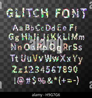 Glitch distortion font. Latin alphabet letters and numbers. Stock Vector