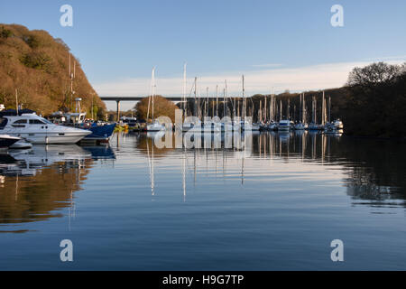 Boats reflecting in the water at Neyland Marina upper basin on a beautiful day with a blue sky with the Cleddau bridge Stock Photo