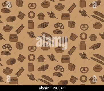 Bakery seamless pattern. Line, outline, doodle style. Bread and buns texture. Flour products endless background.   pastry backdrop. Vector illustration Stock Vector