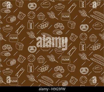 Bakery seamless pattern. Line, outline, doodle style. Bread and buns texture. Flour products endless background.   pastry backdrop. Vector illustration Stock Vector