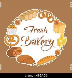 Bakery products frame, flat style. Set of different bread in a round  template for text, label, emblem. With inscription fresh . Vector illustration Stock Vector