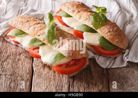 Italian sandwiches with fresh tomatoes, mozzarella cheese and basil close-up on the table. horizontal Stock Photo