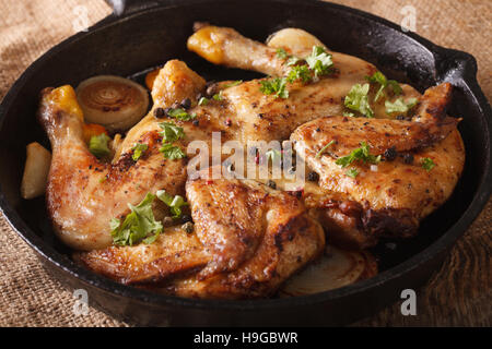 Hot Fried Chicken tobacco with herbs and garlic in a pan close-up. horizontal Stock Photo