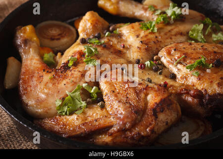 Spicy Chicken tobacco with herbs and garlic in a pan macro. horizontal Stock Photo