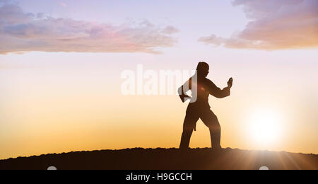 Composite image of female fighter performing karate stance Stock Photo