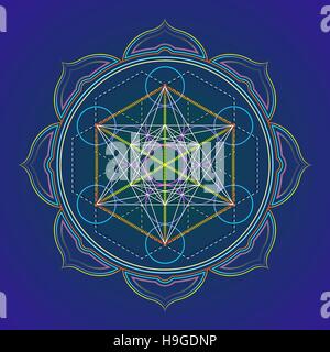 vector colored design mandala sacred geometry illustration Metatron's cube yantra lotus isolated dark background Stock Vector