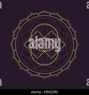 vector gold monochrome design abstract mandala sacred geometry illustration squares circles isolated dark brown background Stock Vector