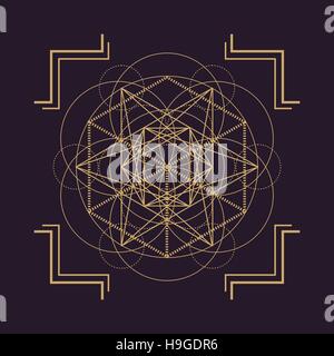 vector gold monochrome design abstract mandala sacred geometry illustration Metatron's cube circles isolated dark brown background Stock Vector