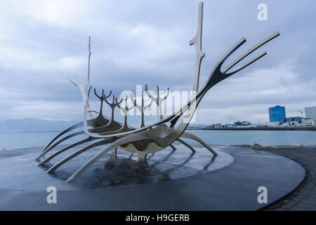 Seaside statue of viking ship, Reykjavik, Iceland Stock 