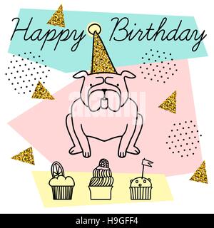 Vector postcard Happy Birthday isolated on white background with gold glitter. Cute postcard with cartoon dog, texture and geometric shapes Stock Vector