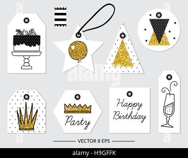 Vector. Elements for Birthday, party, wedding and other isolated on white background. Set of black and white elements with gold glitter. Stock Vector