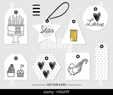 Vector. Elements for Birthday, party, wedding and other isolated on white background. Set of black and white elements with gold glitter. Stock Vector