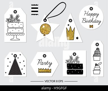 Vector. Elements for Birthday, party, wedding and other isolated on white background. Set of black and white elements with gold glitter. Stock Vector