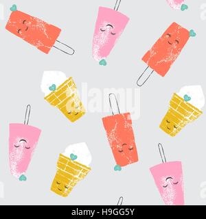 Vector seamless pattern with cute cartoon ice creams and cookies and spots in grunge style for textile, fabric, paper, fashion, scrapbooking and other Stock Vector