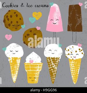 Vector set with ice creams and cookies and hearts in cartoon and grunge style isolated on grey scratched background for textile, wallpaper, fabric, po Stock Vector