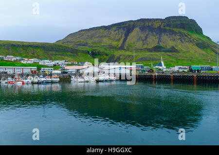 OLAFSVIK, ICELAND - JUNE 20, 2016: View of the town, port, church and landscape in Olafsvik, in the Snaefellsnes peninsula, west Iceland Stock Photo