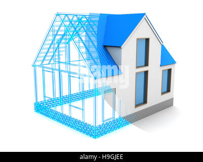 3d illustration of frame house design and structure over blueprints ...