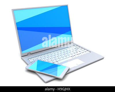 3d illustration of laptop computer and mobile phone, blue color screen Stock Photo