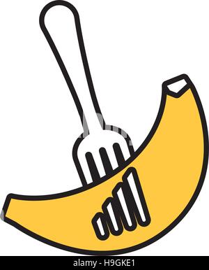 banana fruit on fork white background Stock Vector